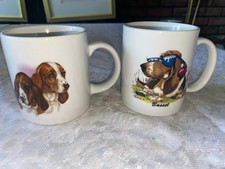 2 Vintage BASSET HOUND Cartoon DECAL Scent Hunting DOG 10oz Coffee MUG Cup 3¾