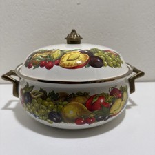 Vintage Dutch Oven Enamel Pot w Lid Brass Handles Fruit Cornucopia picture