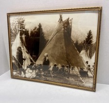 Vintage Native American Indians Encampment Teepee Print W/ Frame 11” X 14” picture