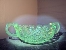 Vaseline Uranium Glass EAPG Hobstar Diamond Handled Bowl Scalloped Antique 6 In picture