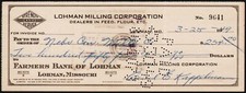 Vintage bank check LOHMAN MILLING CORPORATION dated 1949 Lohman Missouri used picture