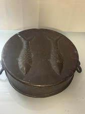 RARE c.1800s Heavy 11” Copper Brass Tin Pot 2 Fish Mold Bottom Wall Decor  picture
