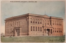 Vintage Postcard Public School Building Decker Indiana Sissons Drug Store Pub. picture