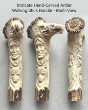 Hand-Carved Deer Antler Wolf & Tribal Chief Cane Handle picture