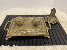 Antique Bronze Brass Footed Double Inkwell Letter Holder Calligraphy Pens picture