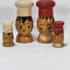 Vintage Wooden Chef Family Salt and Pepper Shakers Set 4pc Made in Japan Retro picture