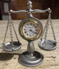 Hudson Fine Pewter SCALES OF JUSTICE Quartz Clock NOS #3609 NEW (4-1/2”) picture