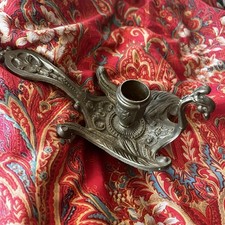 Antique Vtg Ornate Brass Peacock Bird Phoenix Chamber Candle Candlestick Holder picture