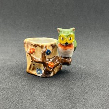 Vintage Occupied Japan Ceramic Owl Tree Stump Toothpick Holder Match Pot picture