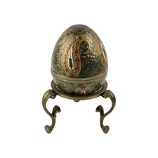 Enameled Cloisonne Brass Egg Trinket Box 3 Footed Brass Stand Made In India picture