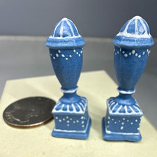 Pair Vintage Miniature Blue White Pedestal Urns Vases Dollhouse 1:12 Scale picture
