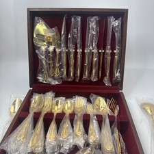 67 Piece ESTIA Gold Plated Korea Silverware + Serving Pcs NEW see description picture