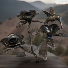 Vintage Brass Hummingbird Flower Candle Holder Sculpture Patina Decor picture