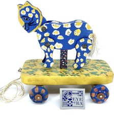 Vtg Folk Art Jaguar Cat Wood Pull Toy Hand Painted Brazil Souvenir Eye Rah Decor picture