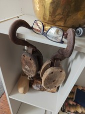 Primitive Wooden Starline Double Pulley w Metal Hook Farm Barn selling as a pair picture
