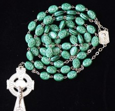 Vintage Irish Green Glass Shamrock Rosary Celtic Cross OL Lourdes 25