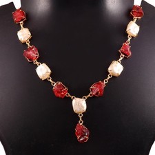 JewelleryHandmade Gold Tone Necklace with Red Raw Gemstone & Pearl Style Beads | picture