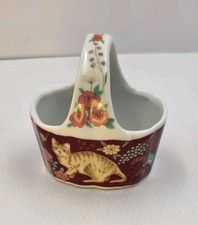 VTG Action Japan Porcelain Cat Basket Trinket Dish Floral Butterfly Maroon picture
