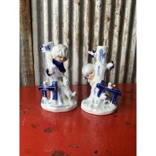 Delft Blue Bud Vase Boy And Girl Puppies + Birds. picture