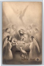 Vintage French Joyeux Noël Nativity Scene Postcard with Angels 1944 picture
