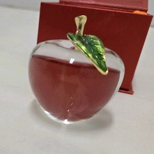 Golden Apple With Green Leaf Paperweight Clear Yellow Glass Figurine picture