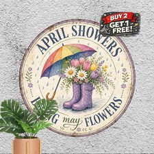Rainbow Umbrella Rain Boots Round Metal Sign Spring Wall Decor Plaque 8x8 picture