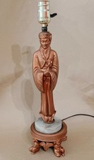 Vintage Asian Metal Table Lamp Figurine w/Angel Footed Marble Base Works MCM picture