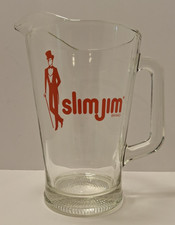 Vintage Slim Jim Clear Glass Pitcher Red Logo Large Beer Water Tea picture