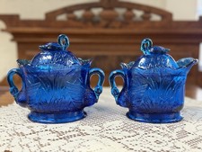 Westmoreland Bright Blue Glass Swan Covered Sugar Creamer Set, New Old Stock picture