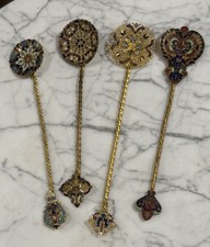 Set Of 4 Antique Gilt Metal & Cloisonné French Champlaye Enamel Spoons picture