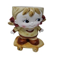 VINTAGE Patmar Ceramic Vase Planter Japan Skateboard Girl Brown Red 5 inch NOS picture