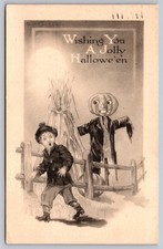 Halloween Scary Jack-O-Lantern Scarecrow Gibson Art B&W Vintage Postcard picture