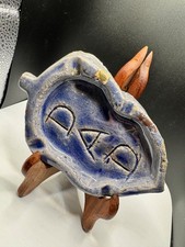 Vintage Studio Pottery Fish Ashtray Blue Crackle Glaze Signed DAD 7