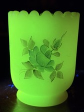 Vtg Fenton Custard Satin Glass Blue Roses Toothpick Holder Cup Uranium UV Glow picture