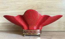 Vintage MCM Atomic Decor Red Ceramic Console Bowl Gold Veining Brass Stand picture