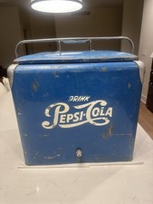 Vintage Pepsi Metal Cooler Ice Chest w/ Handle, Blue/White Soda Advertising picture