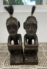 Pair Hand Carved Tribal Wood Figures 13” Tall Folk Art Sculpture Statues picture