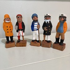 Set Of 5 Wooden Nautical Figurines 4.5” Captain Sailors Fisherman Peg-Leg Pirate picture