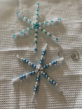 Handmade Beaded Snowflake Ornaments Set of 2 Blue Aqua Pearl Winter Tree Decor picture