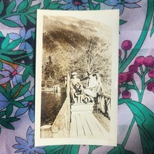 VTG B&W Snapshot Photo 1930s Man & Boy Portrait Bridge Lake Mountains Camping picture
