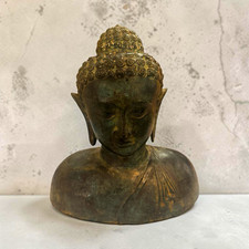 Vintage Bronze Buddha Head Bust Statue Figure 10 Inch Buddhism Collectible picture