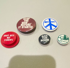 Lot of 5 US Politics Peace & Anti-War Pinback Buttons Stop War No Nukes picture