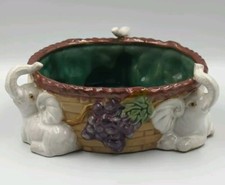 Vintage Majolica Pottery Triple Trunk Up Elephants Basket And Grapes Planter picture