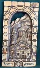 Vintage Bas-Relief Wood Carving Berat Albania Orthodox Church City Scape 14x7.5