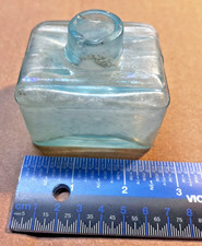 Antique Rectangular Aqua Ink Bottle w/ Built in Pen Quill Rests picture