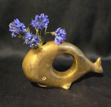 Vintage Brass Whale Vase Mid Century Modern Ikebana Planter Coastal Decor 70s picture