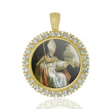 St Isidore Of Seville Christian Round Medal Gold Tone Pendant with Rhinestones picture