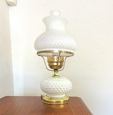 Vintage White Milk Glass Hobnail Hurricane Lamp w/ Shade, Metal Base, Knob picture