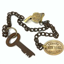 New York Insane Asylum Guard Iron Cell Key, Tag & Solid Brass Whistle   picture