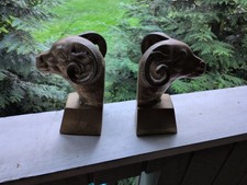 Vintage Ram Head Bookends Brass Finish Set of 2 Heavy Art Deco Style picture